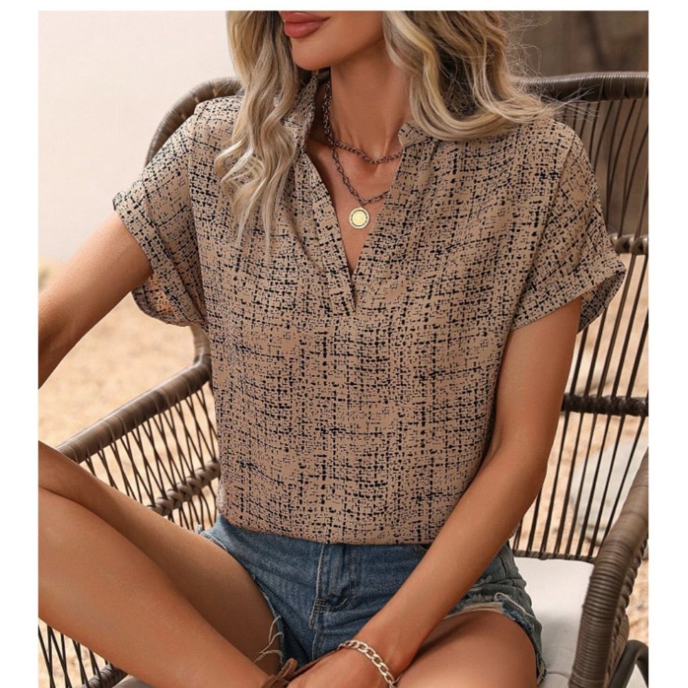 Allover Print Batwing Sleeve Notched Neckline Blouse